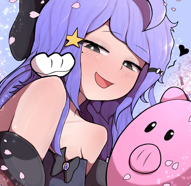 Aerylla — purple-haired anime girl winking under cherry blossoms, hugging her pig plushie